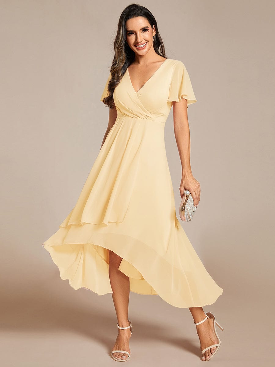Chiffon Elegance Short Sleeve High-Low Wedding Guest Dress #color_Yellow