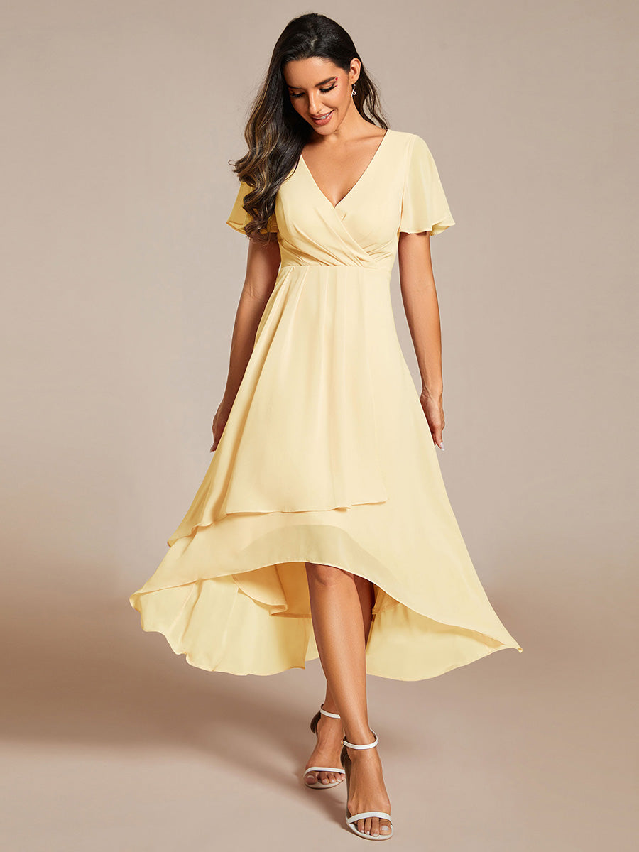 Chiffon Elegance Short Sleeve High-Low Wedding Guest Dress #color_Yellow