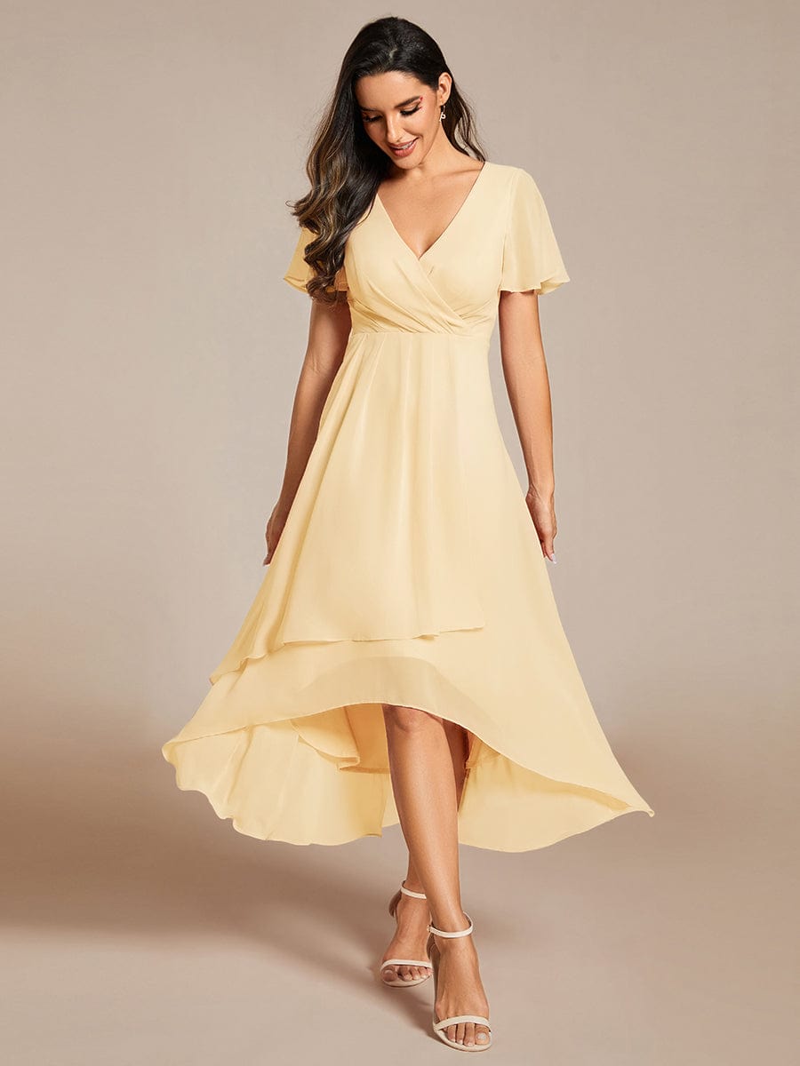 Chiffon Elegance Short Sleeve High-Low Wedding Guest Dress #color_Yellow