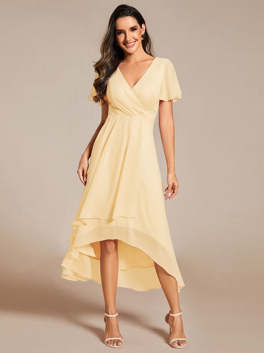 Chiffon Elegance Short Sleeve High-Low Wedding Guest Dress #color_Yellow