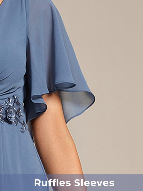 pretty DAHLIA|Plus Size V-Neck Chiffon Midi Wedding Guest Dress with Waist Applique(Final Sale) More Details 2