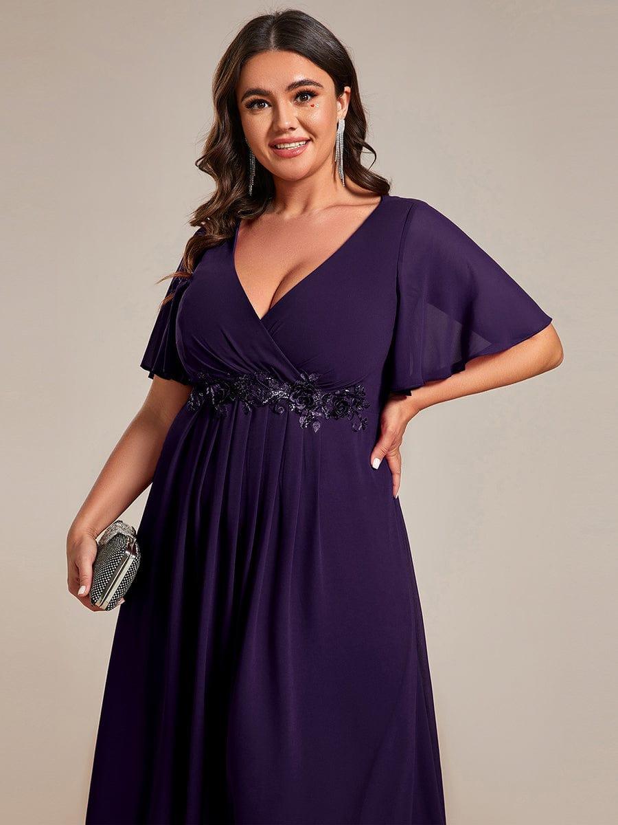 V-Neck Chiffon Evening Dress with Waist Applique #color_Dark Purple