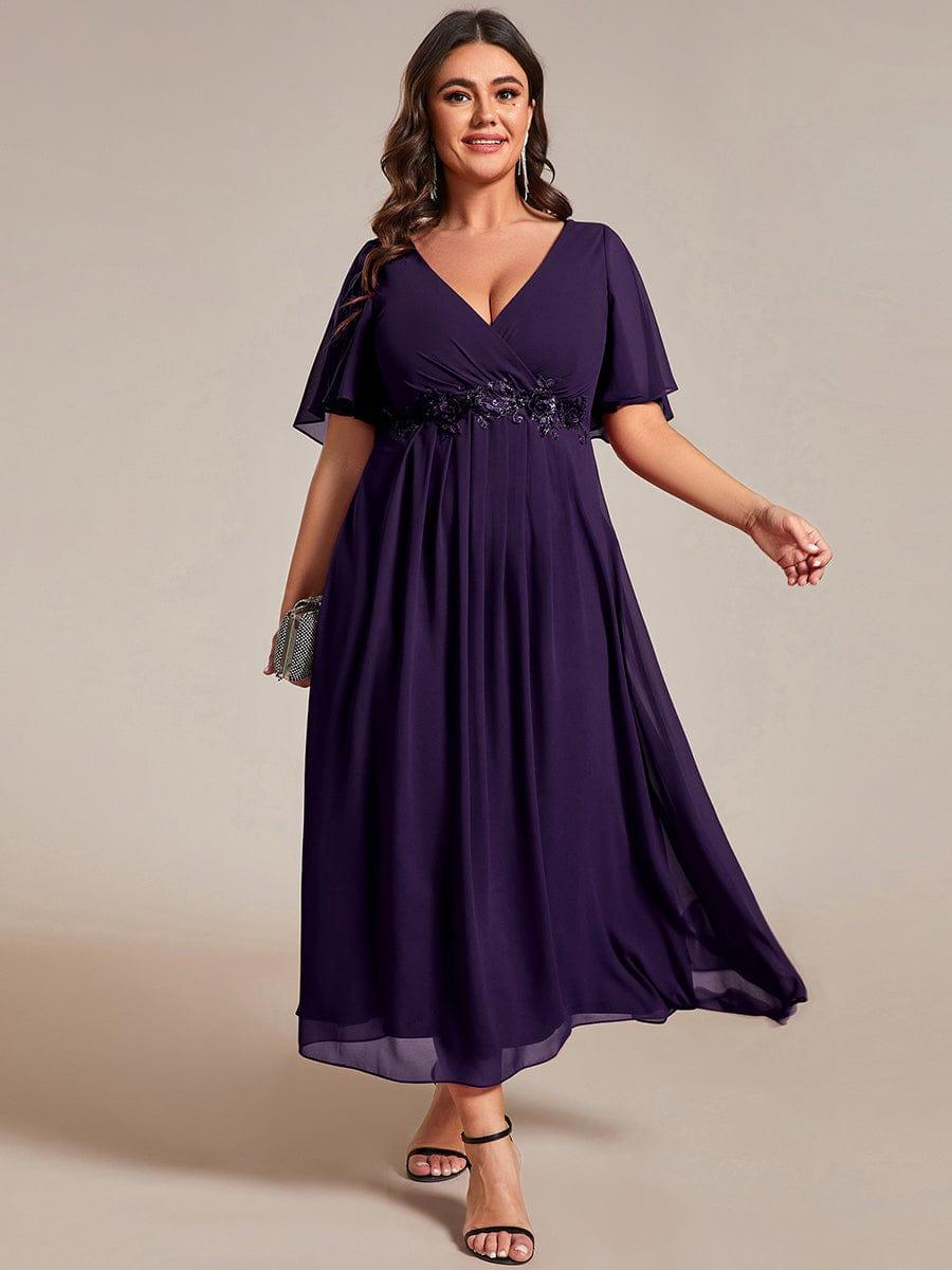 V-Neck Chiffon Evening Dress with Waist Applique #color_Dark Purple