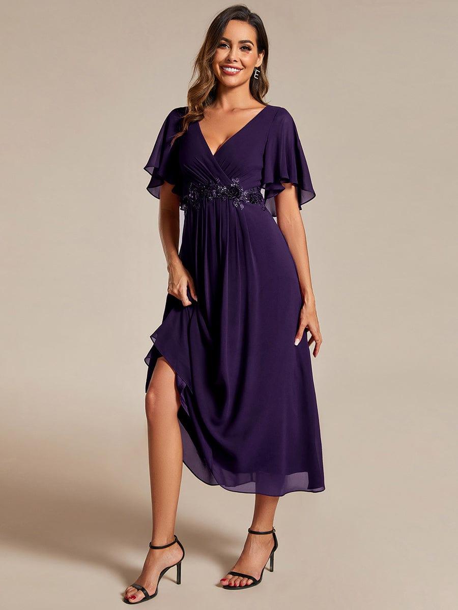 V-Neck Chiffon Evening Dress with Waist Applique #color_Dark Purple