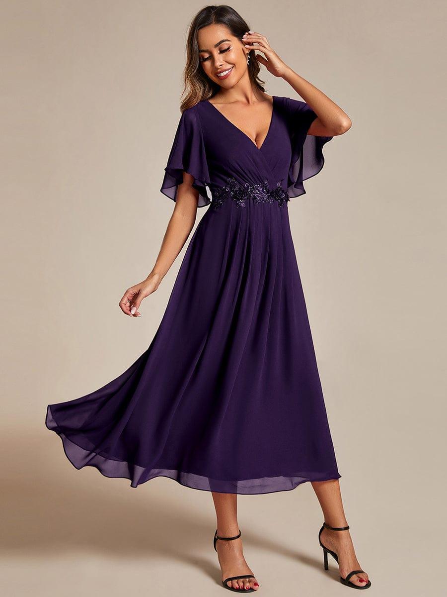 V-Neck Chiffon Evening Dress with Waist Applique #color_Dark Purple