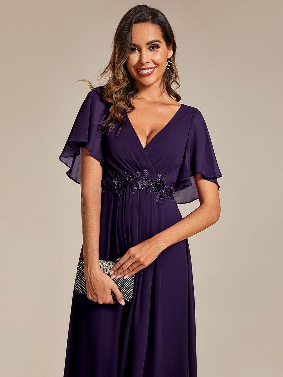 V-Neck Chiffon Wedding Guest Dress with Waist Applique #color_Dark Purple