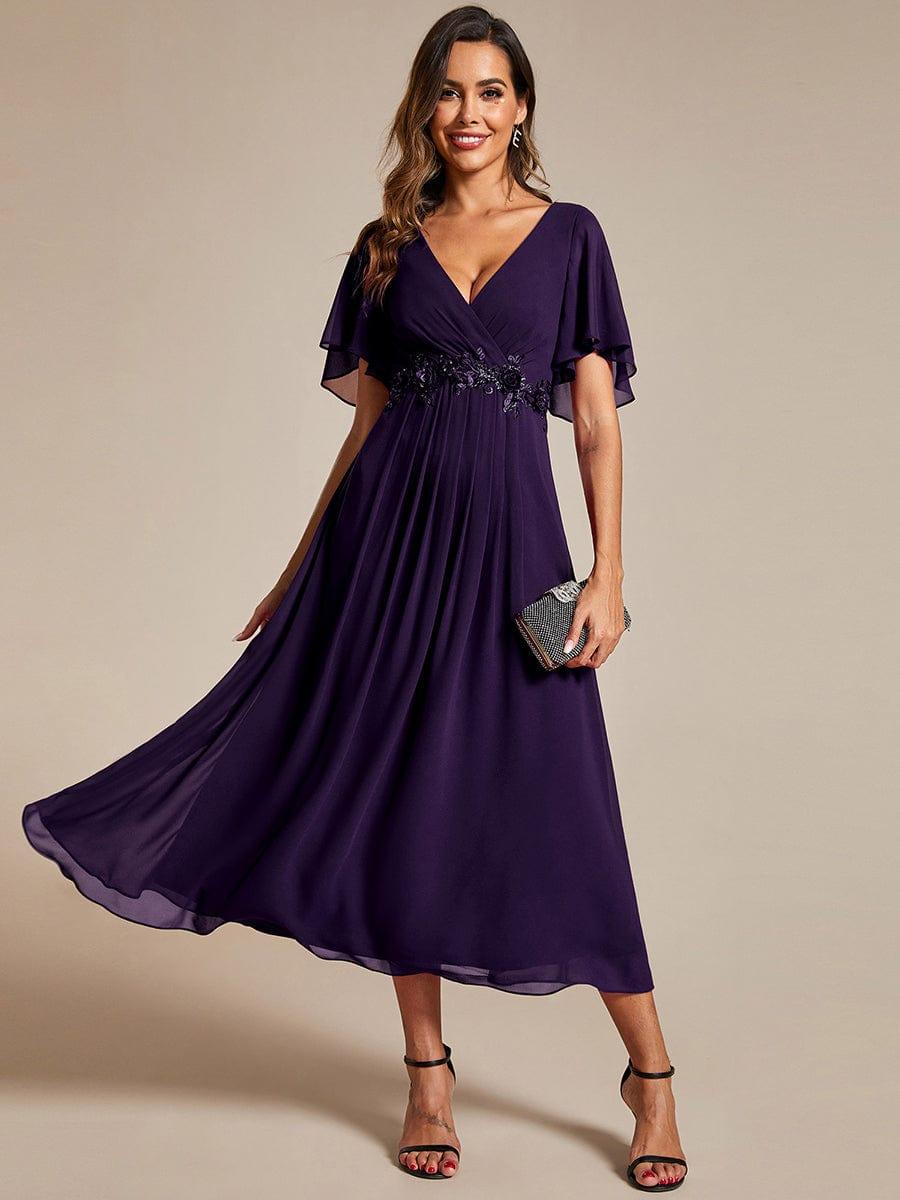 V-Neck Chiffon Evening Dress with Waist Applique #color_Dark Purple