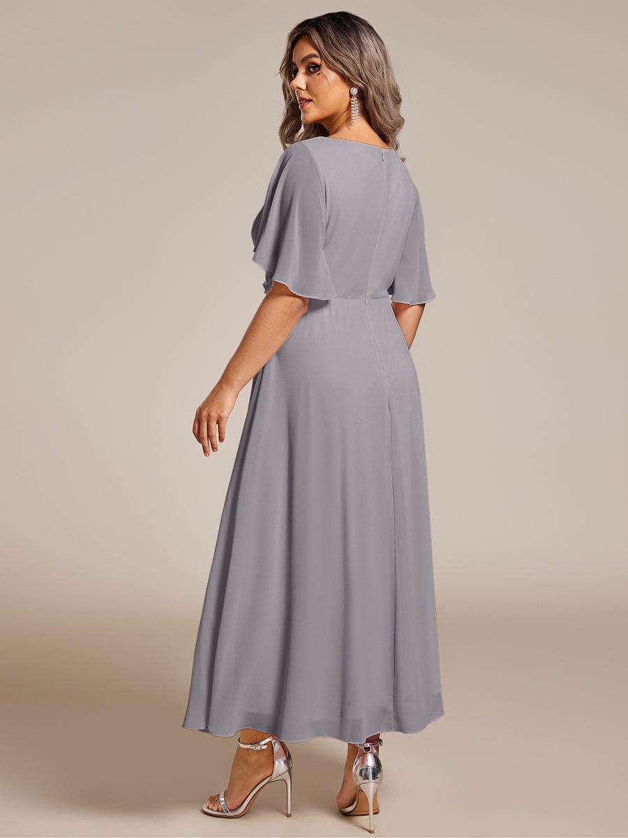 V-Neck Chiffon Evening Dress with Waist Applique #color_Grey