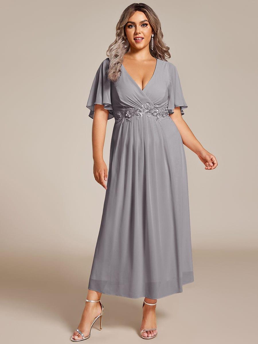 V-Neck Chiffon Evening Dress with Waist Applique #color_Grey