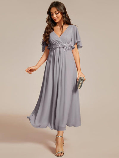 V-Neck Chiffon Evening Dress with Waist Applique #color_Grey