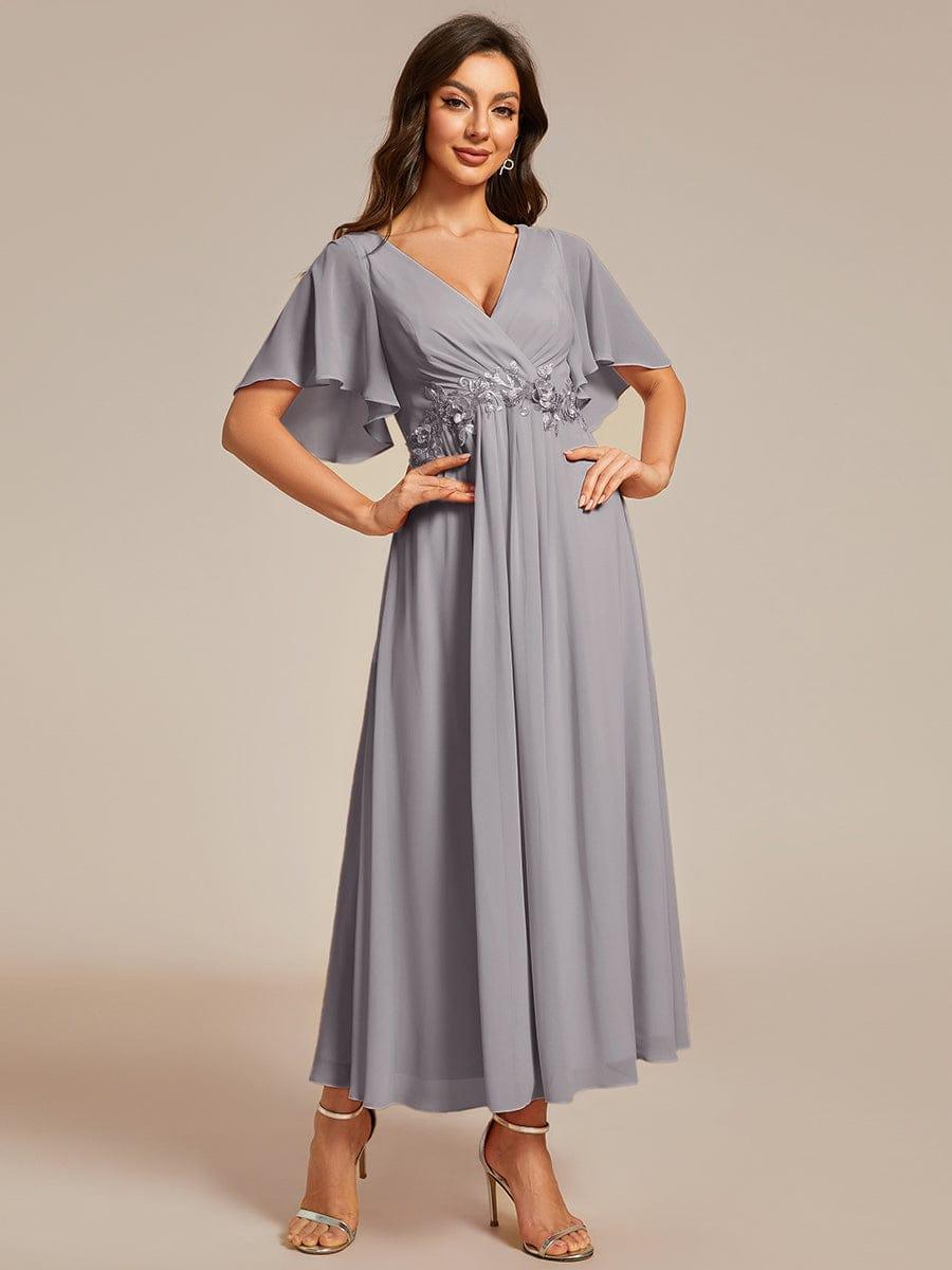 V-Neck Chiffon Evening Dress with Waist Applique #color_Grey
