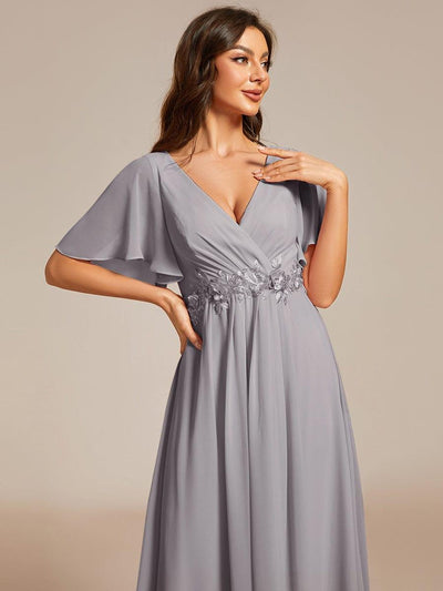 V-Neck Chiffon Evening Dress with Waist Applique #color_Grey