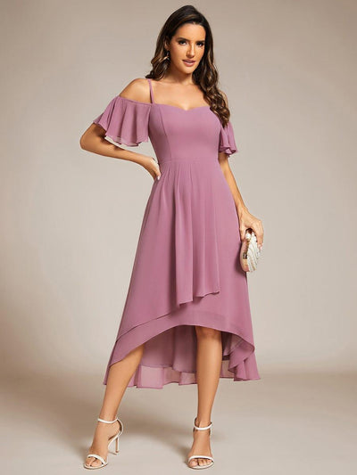 One-Shoulder High-Low Chiffon Bridesmaid Dresses with Short Sleeves #color_Purple Orchid
