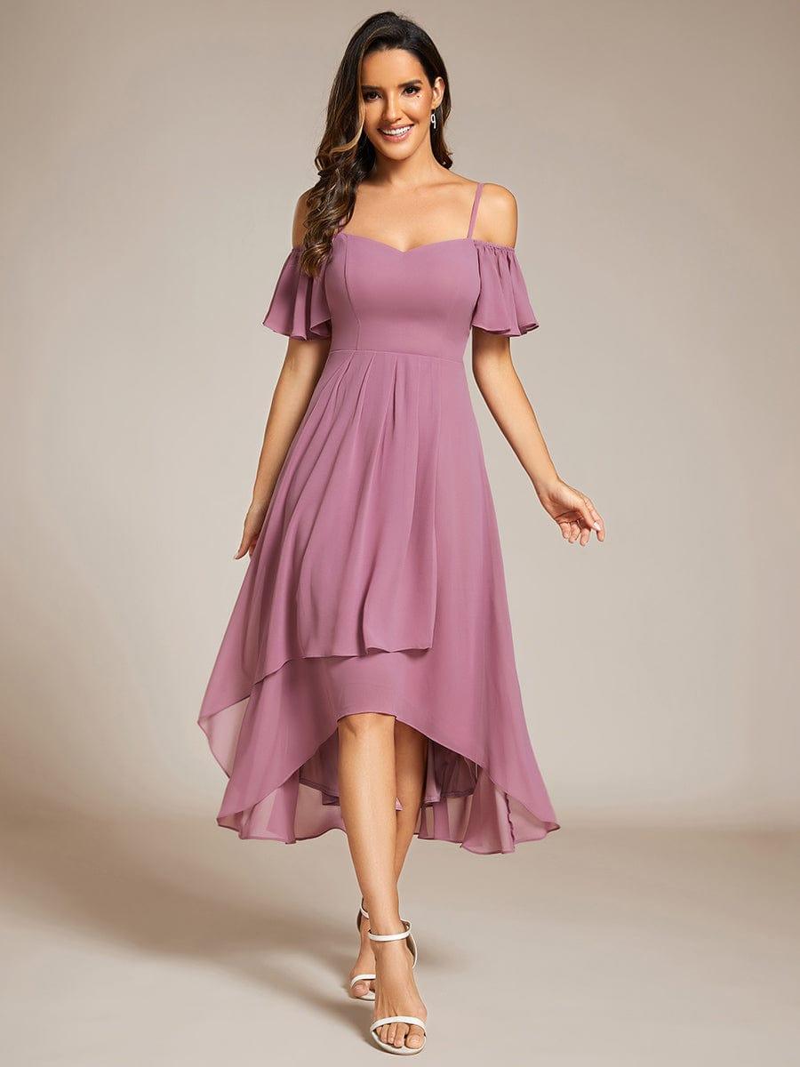 One-Shoulder High-Low Chiffon Bridesmaid Dresses with Short Sleeves #color_Purple Orchid