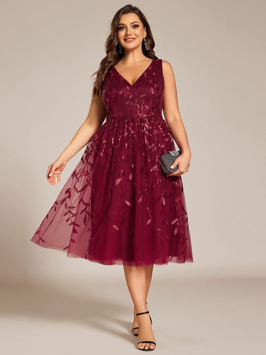 Sequined V-Neck A-Line Midi Wedding Guest Dress with Sleeveless #color_Burgundy