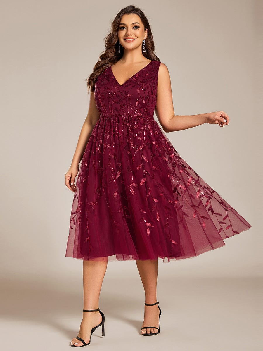Sequined V-Neck A-Line Midi Wedding Guest Dress with Sleeveless #color_Burgundy
