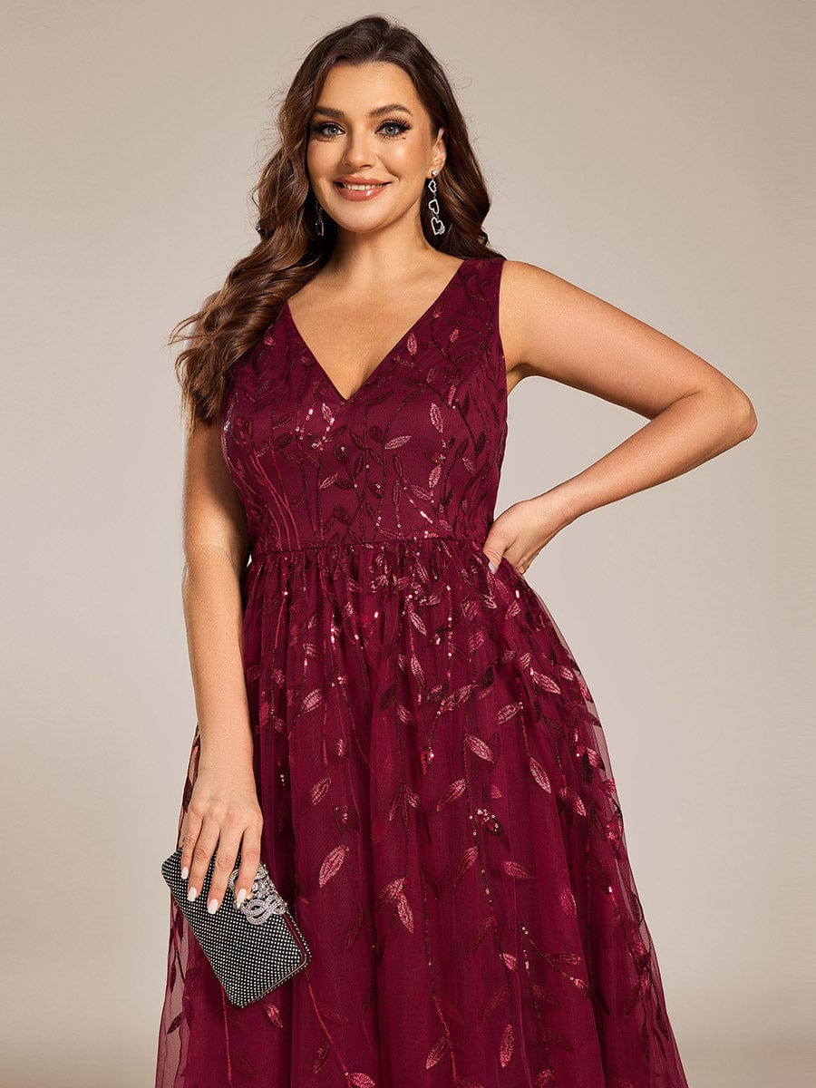 Sequined V-Neck A-Line Midi Wedding Guest Dress with Sleeveless #color_Burgundy