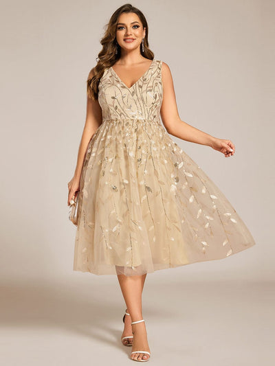 Sequined V-Neck A-Line Midi Wedding Guest Dress with Sleeveless #color_Gold