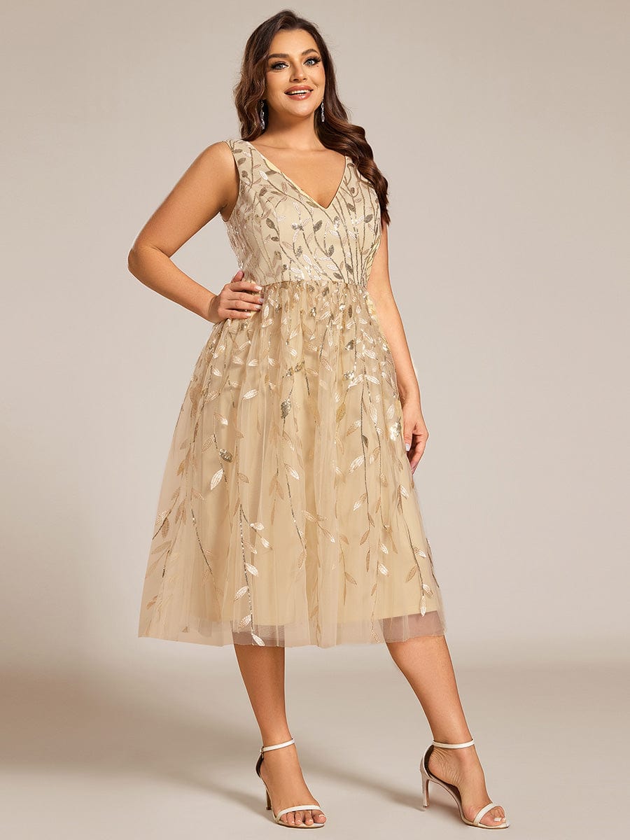 Sequined V-Neck A-Line Midi Wedding Guest Dress with Sleeveless #color_Gold