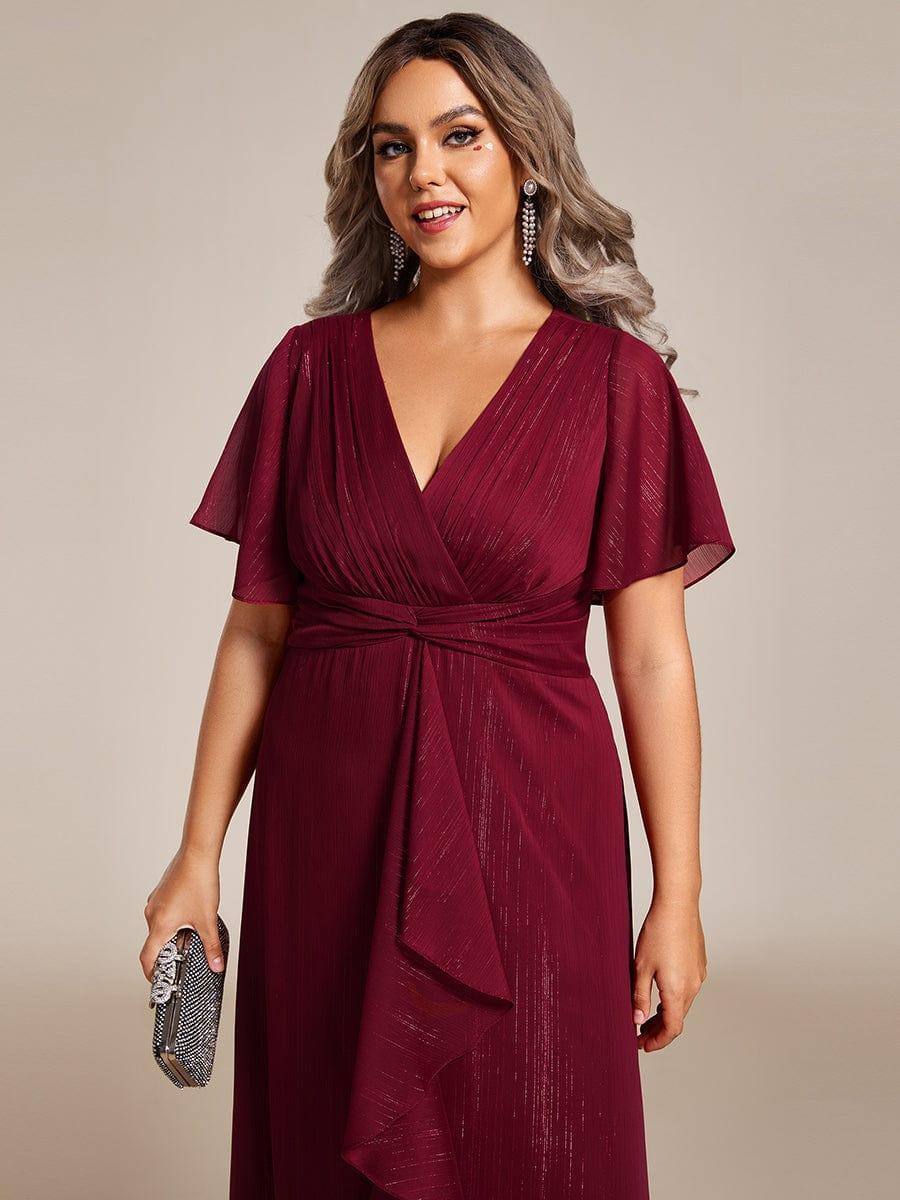 Plus Size Metallic Silver Fabric Short-Sleeved V-Neck A-Line Dress with Ruffled Hem #color_Burgundy