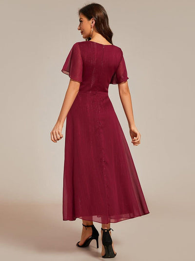Metallic Silver Fabric Short-Sleeved V-Neck A-Line Dress with Ruffled Hem #color_Burgundy