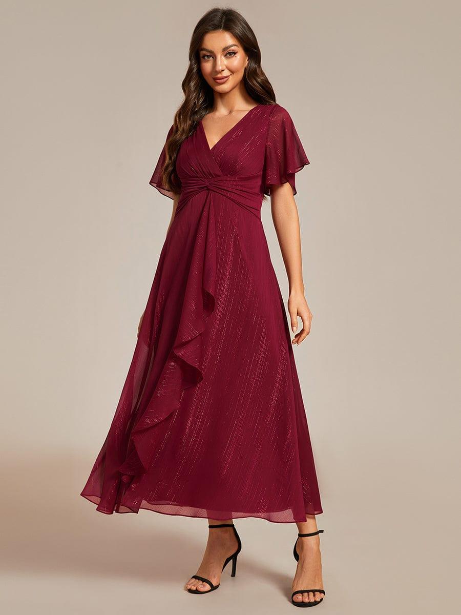 Metallic Silver Fabric Short-Sleeved V-Neck A-Line Dress with Ruffled Hem #color_Burgundy