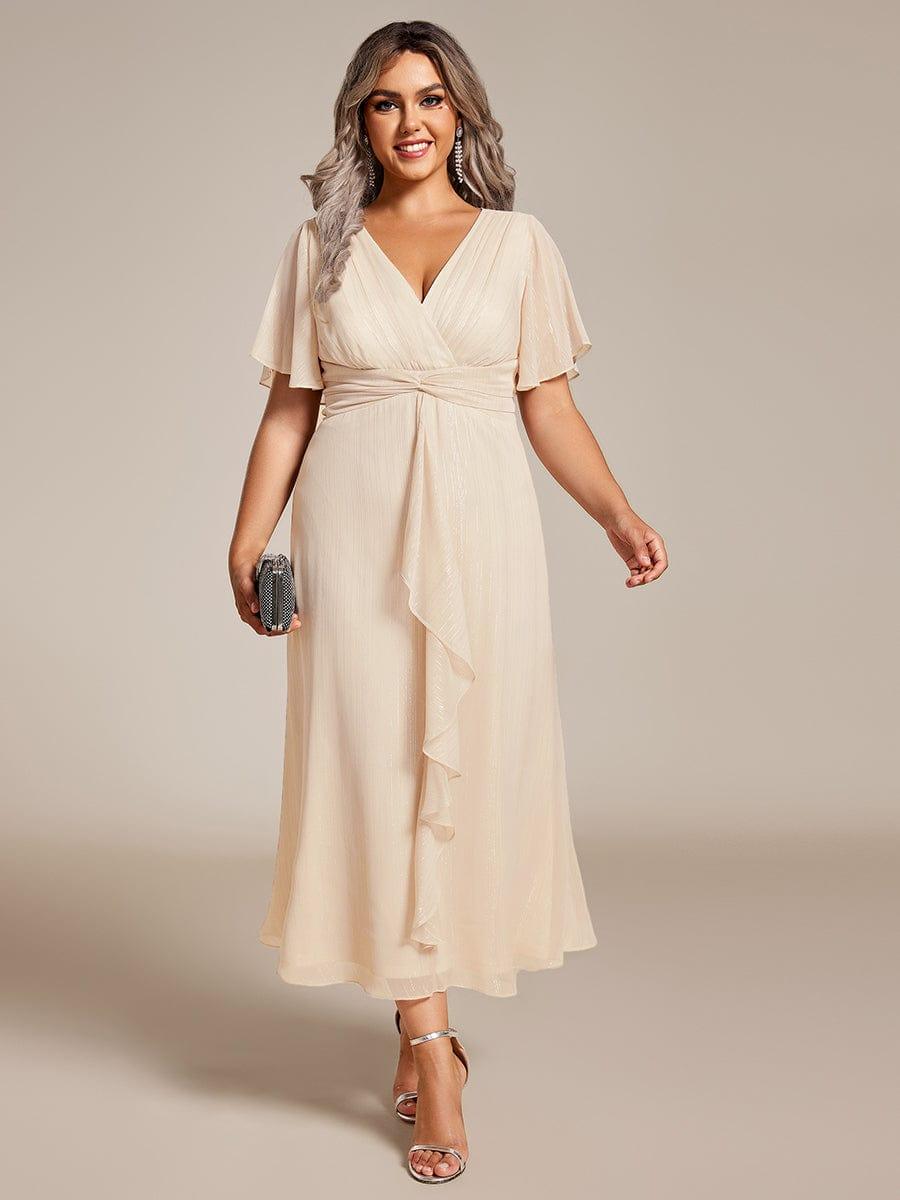 Plus Size Metallic Silver Fabric Short-Sleeved V-Neck A-Line Dress with Ruffled Hem #color_Champagne