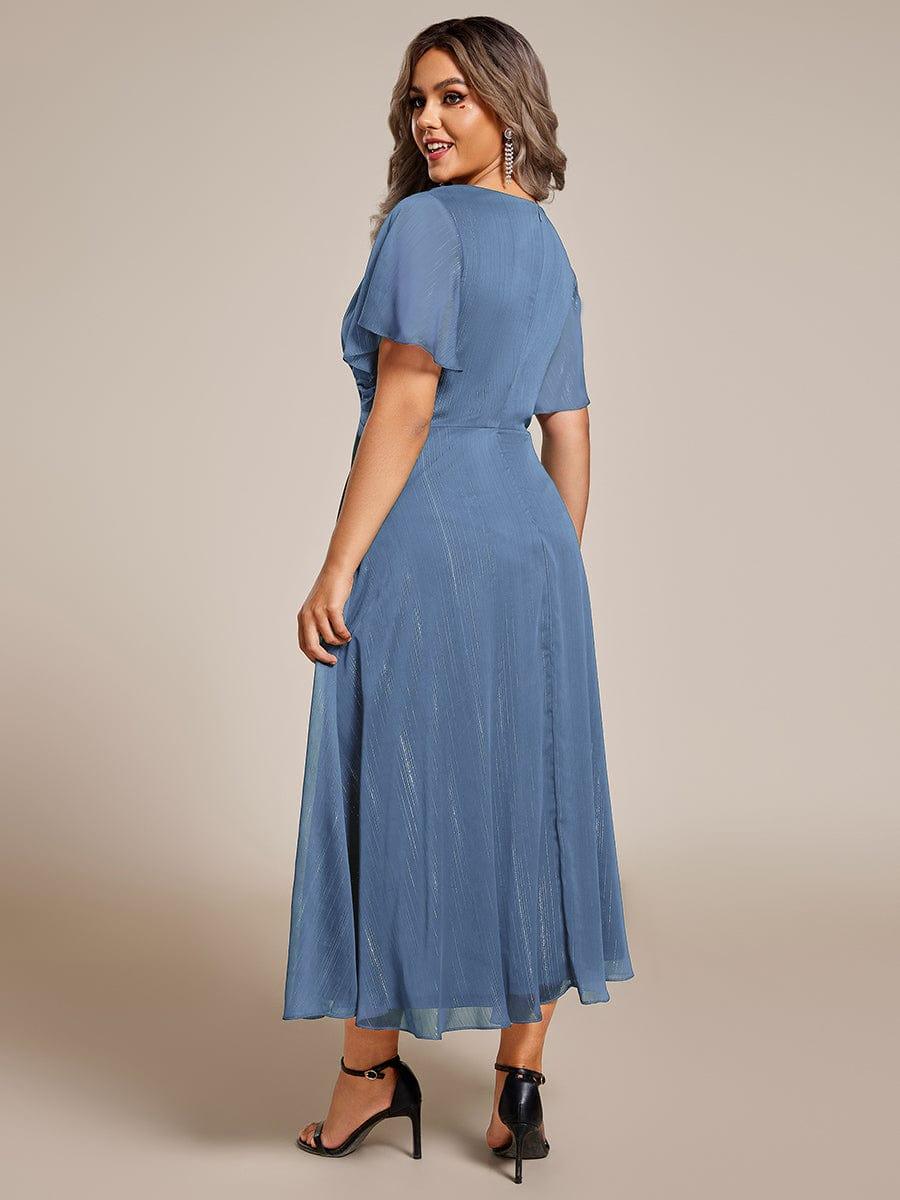 Plus Size Metallic Silver Fabric Short-Sleeved V-Neck A-Line Dress with Ruffled Hem #color_Dusty Blue