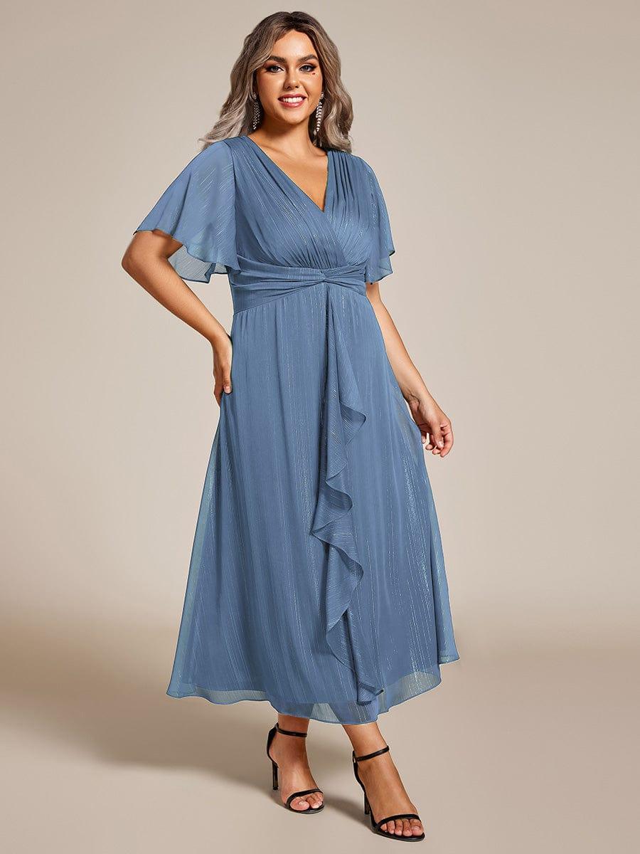 Plus Size Metallic Silver Fabric Short-Sleeved V-Neck A-Line Dress with Ruffled Hem #color_Dusty Blue