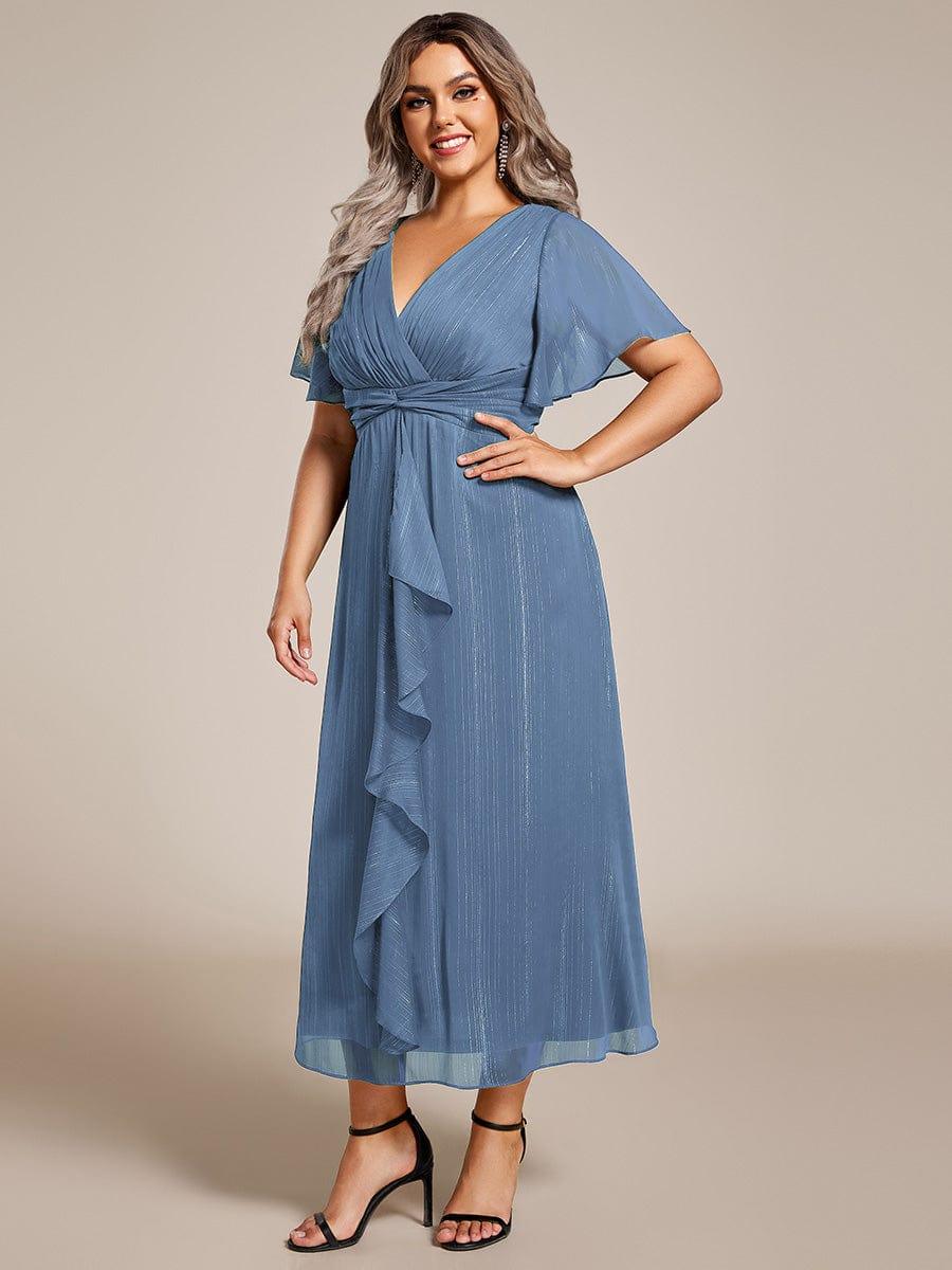 Plus Size Metallic Silver Fabric Short-Sleeved V-Neck A-Line Dress with Ruffled Hem #color_Dusty Blue