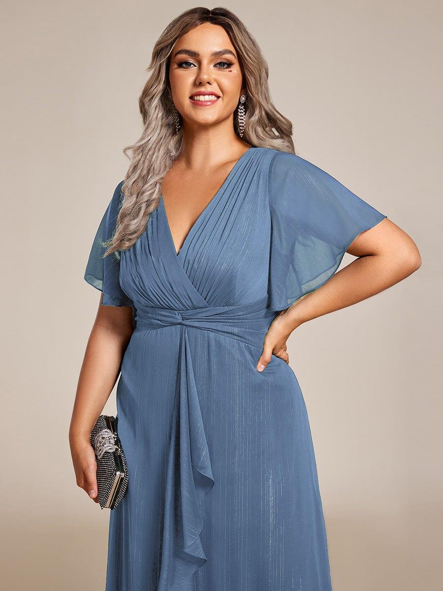 Plus Size Metallic Silver Fabric Short-Sleeved V-Neck A-Line Dress with Ruffled Hem #color_Dusty Blue