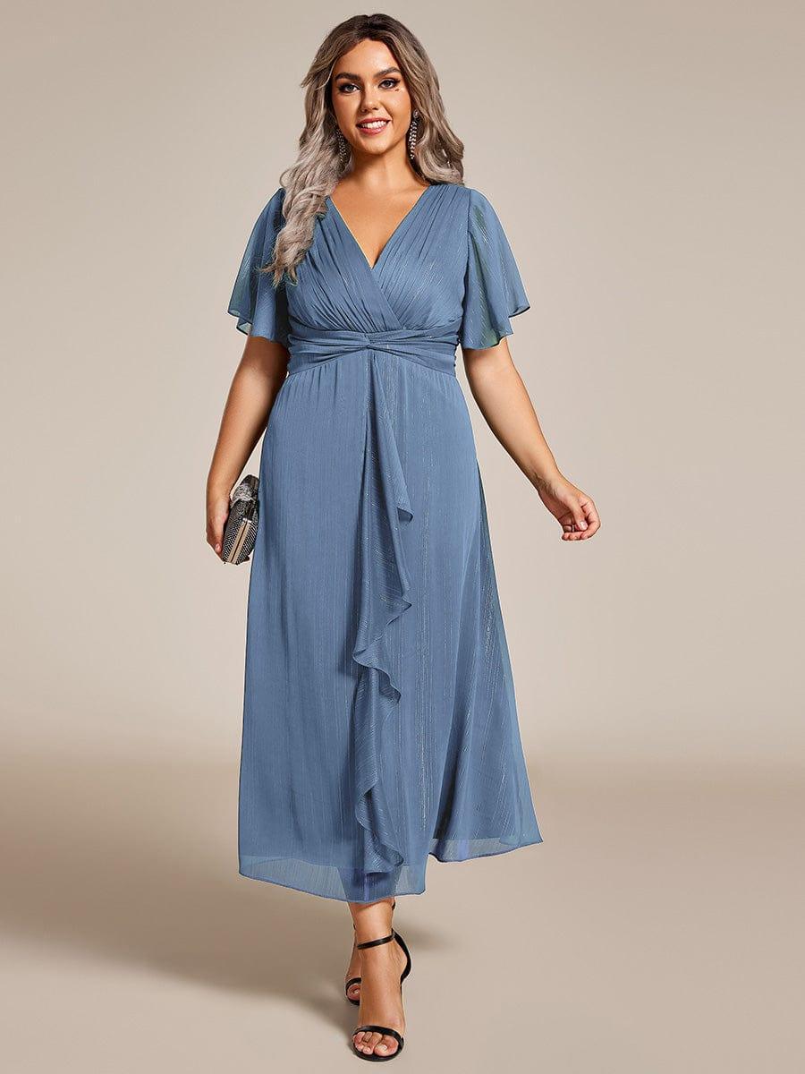 Plus Size Metallic Silver Fabric Short-Sleeved V-Neck A-Line Dress with Ruffled Hem #color_Dusty Blue