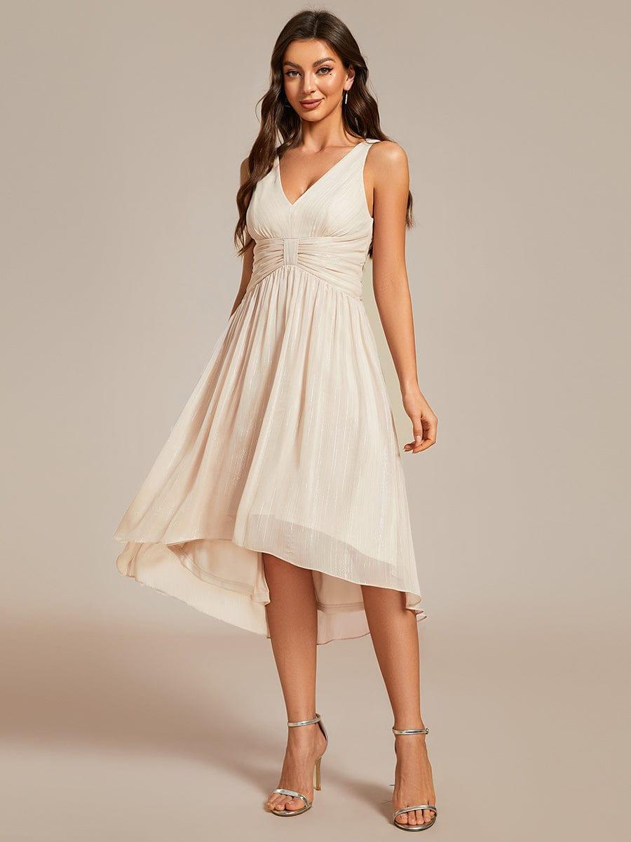 Glitter High-Low Waist Pleated Sleeveless Wedding Guest Dress #color_Champagne