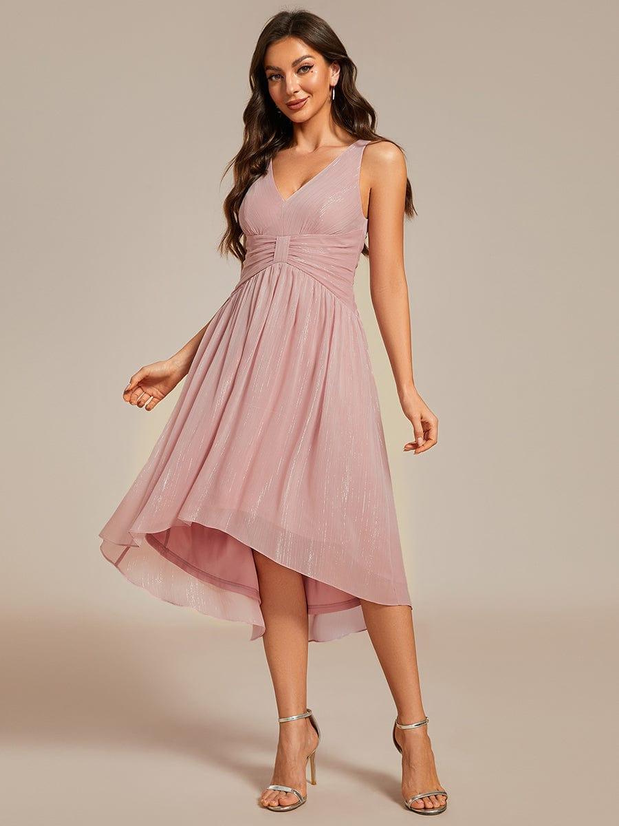 Glitter High-Low Waist Pleated Sleeveless Wedding Guest Dress #color_Dusty Rose