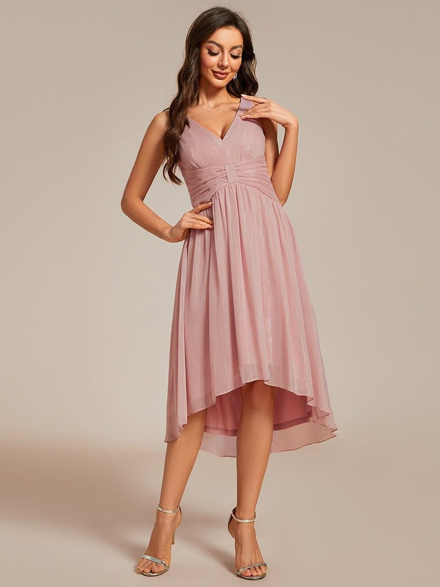Glitter High-Low Waist Pleated Sleeveless Wedding Guest Dress #color_Dusty Rose