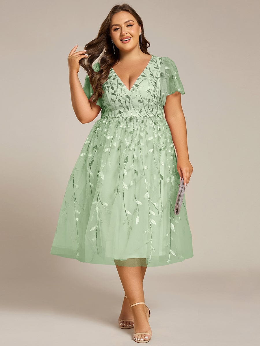 Plus SizeLeaf Sequin Short Sleeve Tulle Midi Wedding Guest Dress #color_Mint Green