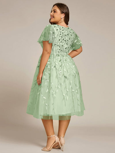 Plus SizeLeaf Sequin Short Sleeve Tulle Midi Wedding Guest Dress #color_Mint Green