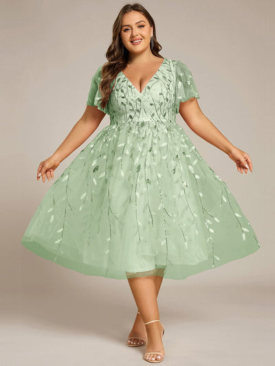 Plus SizeLeaf Sequin Short Sleeve Tulle Midi Wedding Guest Dress #color_Mint Green