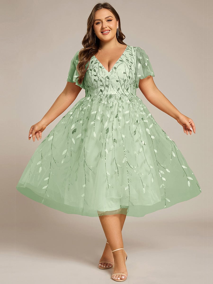 Plus SizeLeaf Sequin Short Sleeve Tulle Midi Wedding Guest Dress #color_Mint Green