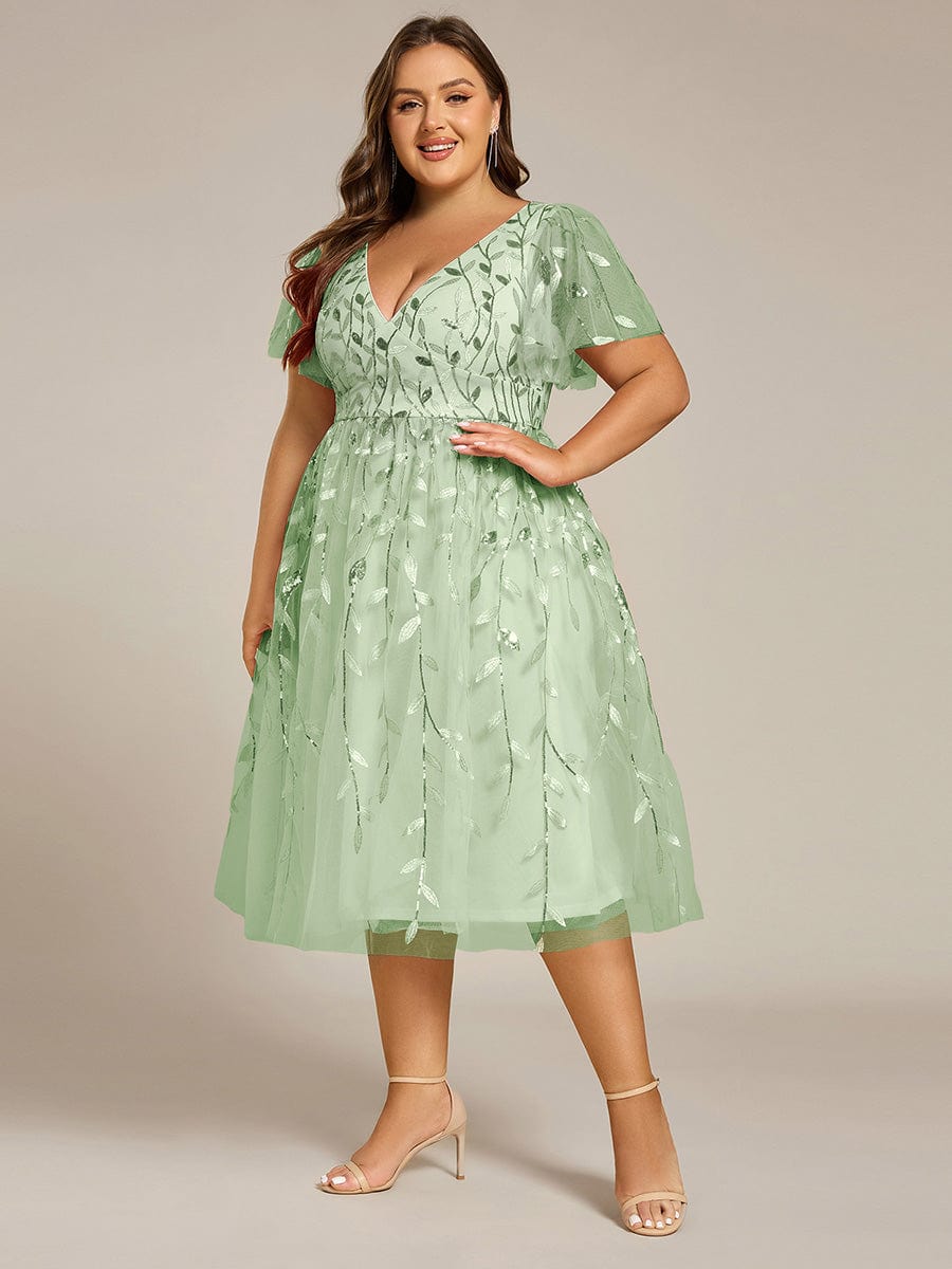 Plus SizeLeaf Sequin Short Sleeve Tulle Midi Wedding Guest Dress #color_Mint Green