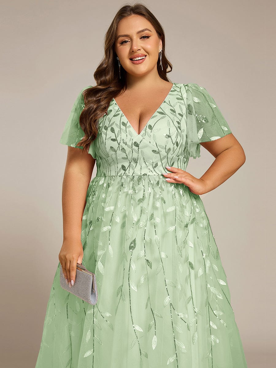 Plus SizeLeaf Sequin Short Sleeve Tulle Midi Wedding Guest Dress #color_Mint Green