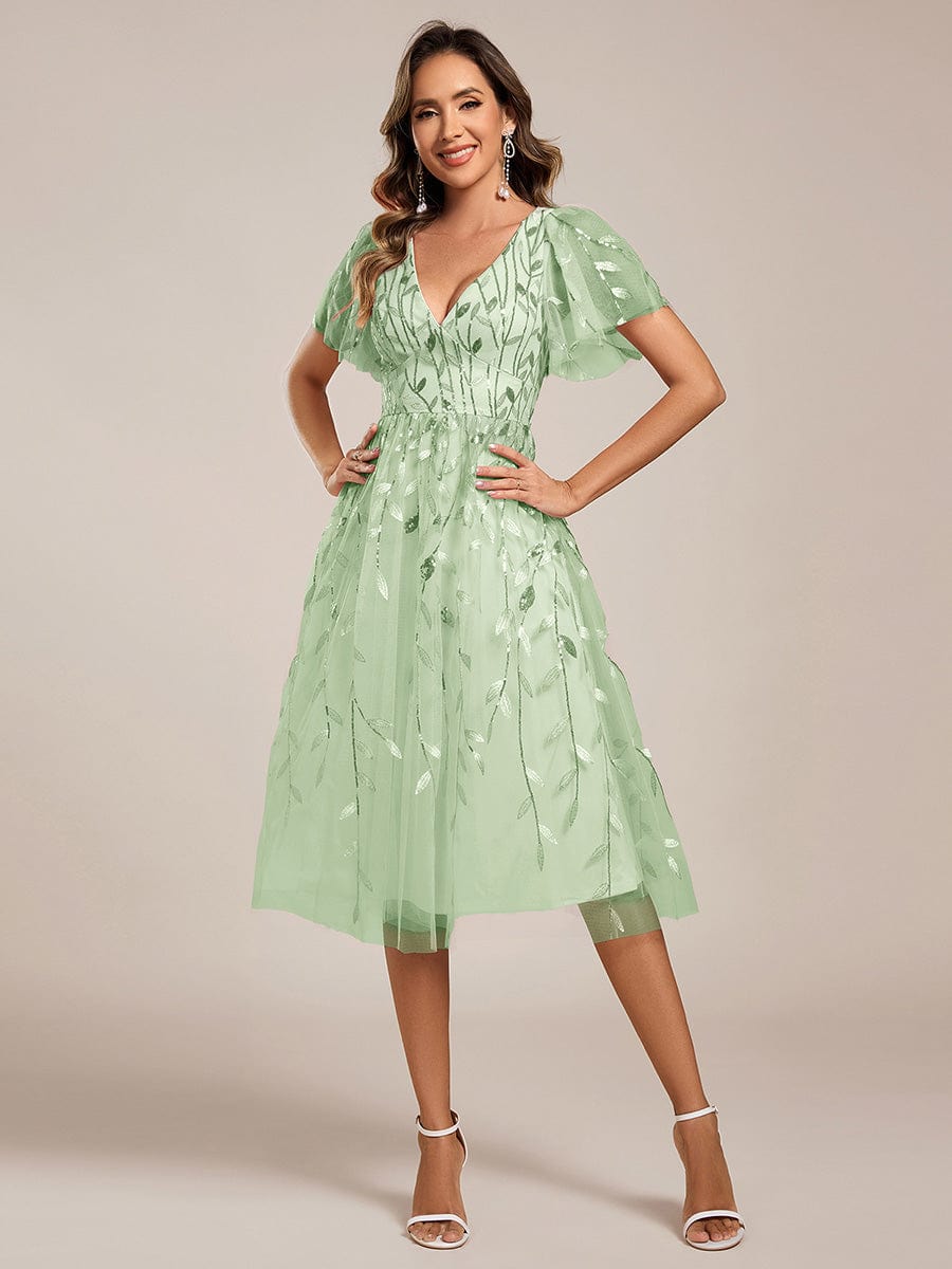 Plus SizeLeaf Sequin Short Sleeve Tulle Midi Wedding Guest Dress #color_Mint Green