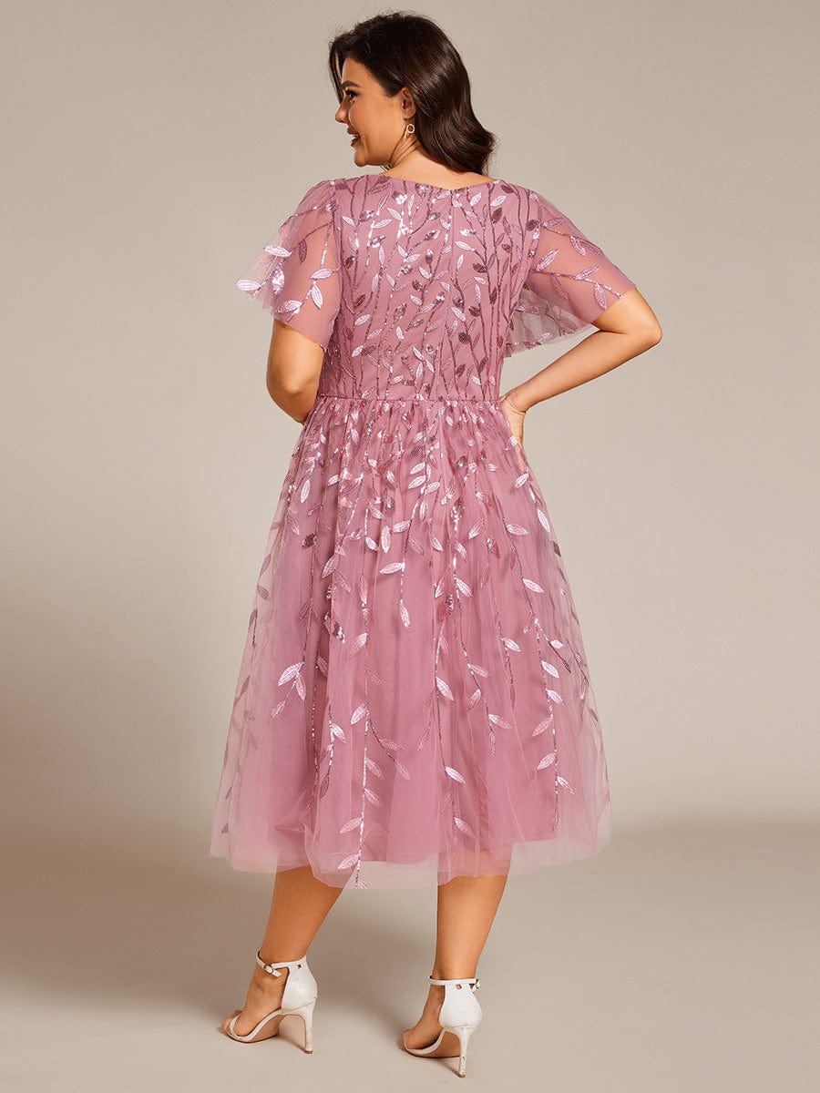 Plus SizeLeaf Sequin Short Sleeve Tulle Midi Wedding Guest Dress #color_Purple Orchid
