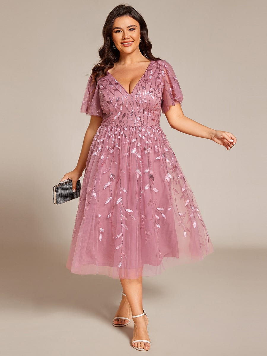 Plus SizeLeaf Sequin Short Sleeve Tulle Midi Wedding Guest Dress #color_Purple Orchid