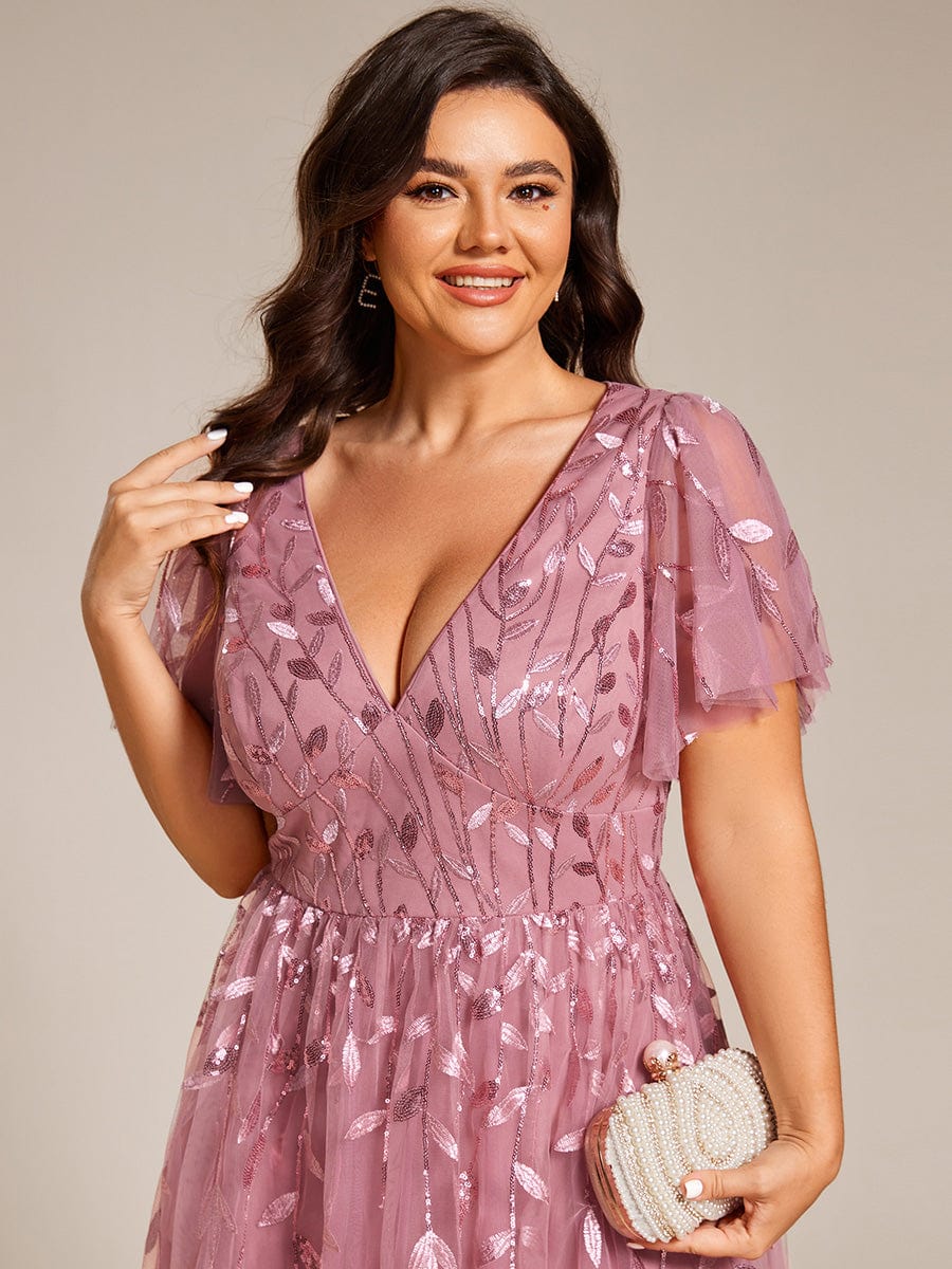 Plus SizeLeaf Sequin Short Sleeve Tulle Midi Wedding Guest Dress #color_Purple Orchid