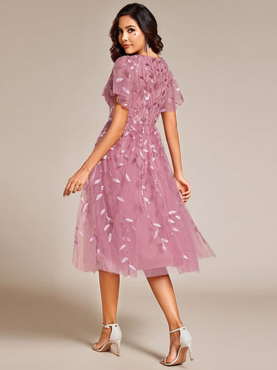 Leaf Sequin Short Sleeve Tulle Midi Wedding Guest Dress #color_Purple Orchid