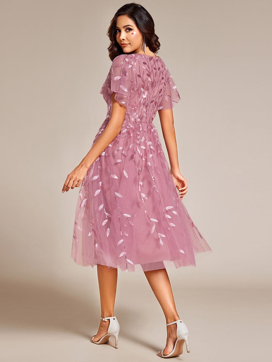 Leaf Sequin Short Sleeve Tulle Midi Wedding Guest Dress #color_Purple Orchid