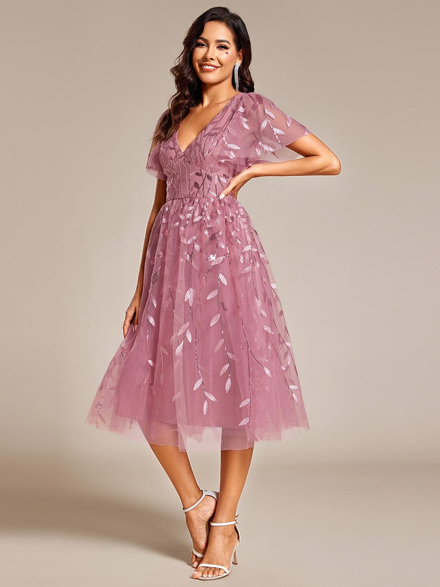 Leaf Sequin Short Sleeve Tulle Midi Wedding Guest Dress #color_Purple Orchid