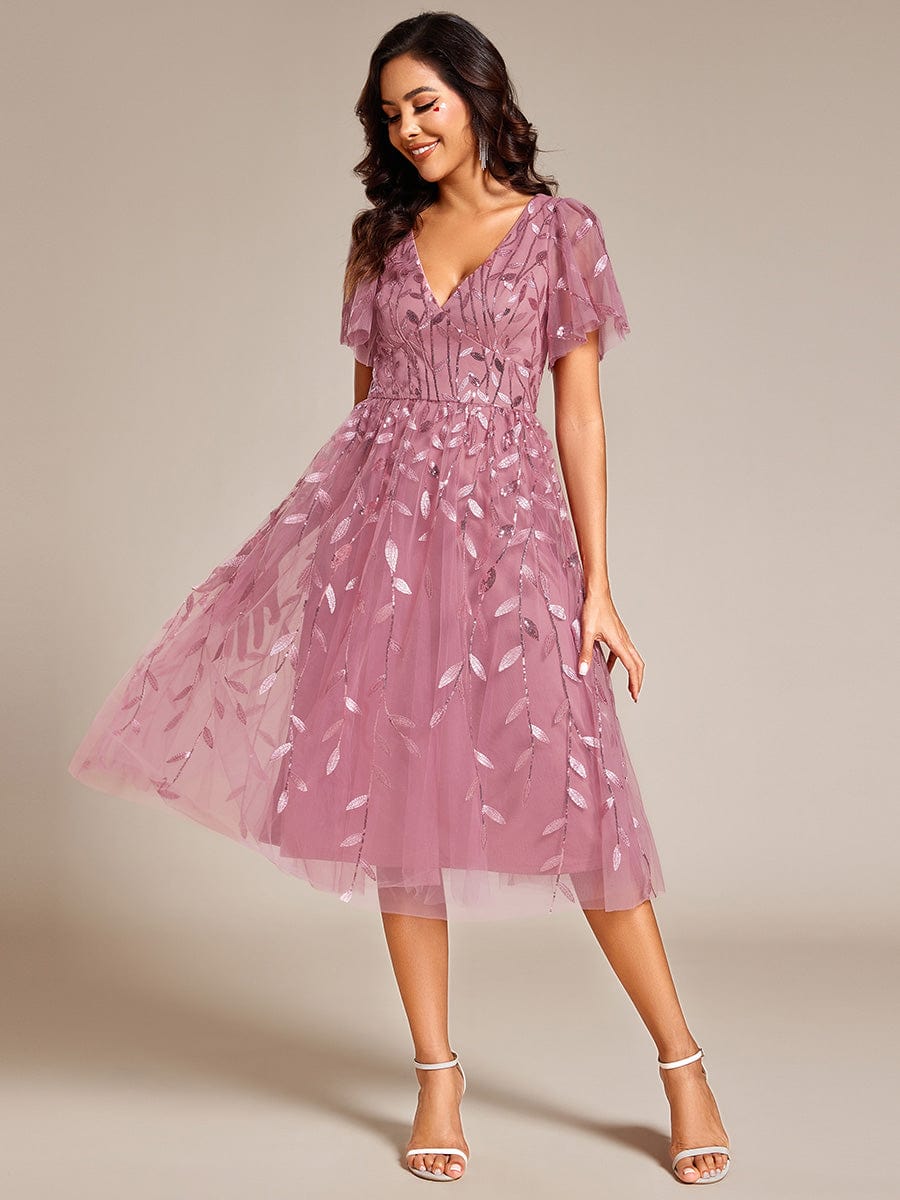 Leaf Sequin Short Sleeve Tulle Midi Wedding Guest Dress #color_Purple Orchid