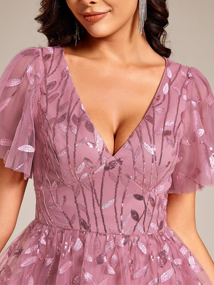 Leaf Sequin Short Sleeve Tulle Midi Evening Dress #color_Purple Orchid